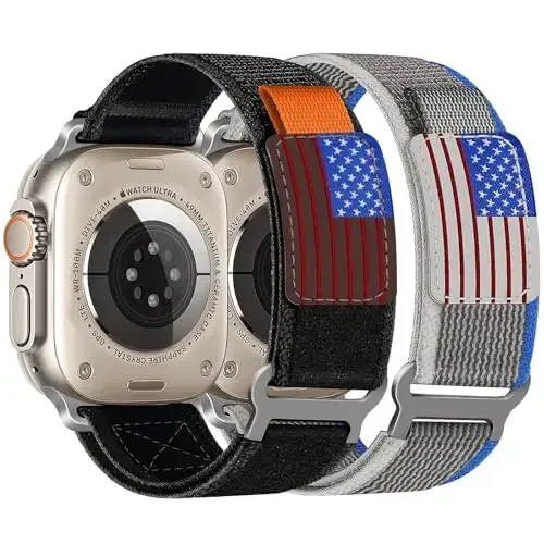 WestEagle 2 Pack Trail Loop Nylon Band Compatible Apple Watch Ultra/2 Band 49mm 46mm 45mm 44mm 42mm, Rugged Soft Braided Elastic Sport Strap for iWatch Series 10 9 8 7 6 5 4 3 2 1 Ultra/2 Men USA Flag - 2