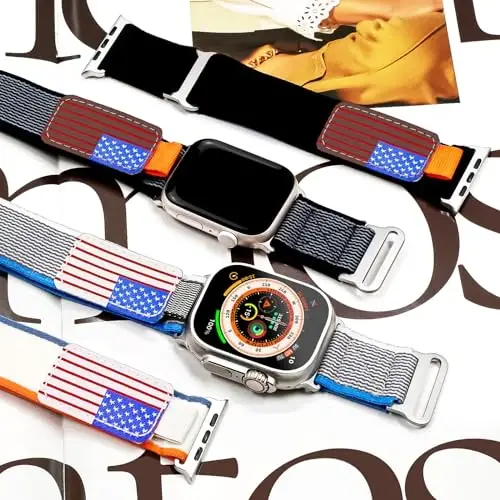 WestEagle 2 PackTrail Loop Nylon Band Compatible Apple Watch Ultra/2 Band 49mm 46mm 45mm 44mm 42mm, Rugged Soft Braided Elastic Sport Strap for iWatch Series 10 9 8 7 6 5 4 3 2 1 Ultra/2 Men USA Flag - 9