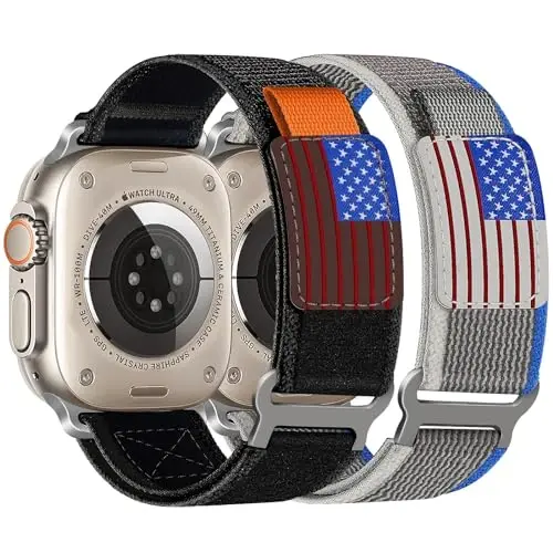 WestEagle 2 PackTrail Loop Nylon Band Compatible Apple Watch Ultra/2 Band 49mm 46mm 45mm 44mm 42mm, Rugged Soft Braided Elastic Sport Strap for iWatch Series 10 9 8 7 6 5 4 3 2 1 Ultra/2 Men USA Flag - 1