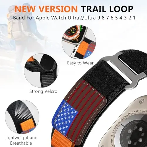 WestEagle 2 PackTrail Loop Nylon Band Compatible Apple Watch Ultra/2 Band 49mm 46mm 45mm 44mm 42mm, Rugged Soft Braided Elastic Sport Strap for iWatch Series 10 9 8 7 6 5 4 3 2 1 Ultra/2 Men USA Flag - 5