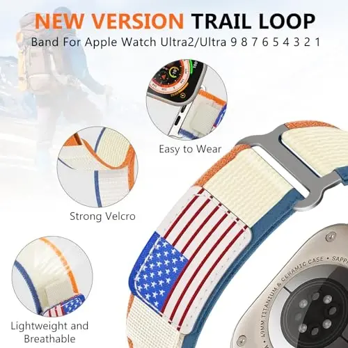 WestEagle 2 PackTrail Loop Nylon Band Apple Watch Ultra/2 Band 49mm 46mm 45mm 44mm 42mm mos keladigan, iWatch Series 10 9 8 7 6 5 4 3 2 1 Ultra/2 Men USA Flag uchun mustahkam yumshoq o'ralgan elastik sport tasma - 5