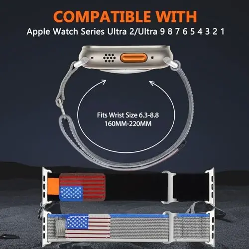 WestEagle 2 PackTrail Loop Nylon Band Compatible Apple Watch Ultra/2 Band 49mm 46mm 45mm 44mm 42mm, Rugged Soft Braided Elastic Sport Strap for iWatch Series 10 9 8 7 6 5 4 3 2 1 Ultra/2 Men USA Flag - 3
