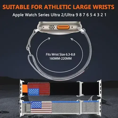 WestEagle 2 PackTrail Loop Nylon Band Compatible Apple Watch Ultra/2 Band 49mm 46mm 45mm 44mm 42mm, Rugged Soft Braided Elastic Sport Strap for iWatch Series 10 9 8 7 6 5 4 3 2 1 Ultra/2 Men USA Flag - 3