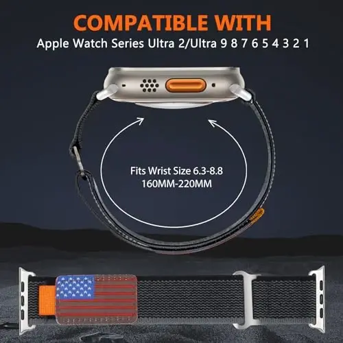 WestEagle 2 PackTrail Loop Nylon Band Compatible Apple Watch Ultra/2 Band 49mm 46mm 45mm 44mm 42mm, Rugged Soft Braided Elastic Sport Strap for iWatch Series 10 9 8 7 6 5 4 3 2 1 Ultra/2 Men USA Flag - 3