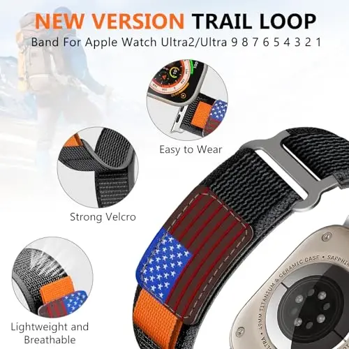 WestEagle 2 PackTrail Loop Nylon Band Compatible Apple Watch Ultra/2 Band 49mm 46mm 45mm 44mm 42mm, Rugged Soft Braided Elastic Sport Strap for iWatch Series 10 9 8 7 6 5 4 3 2 1 Ultra/2 Men USA Flag - 5