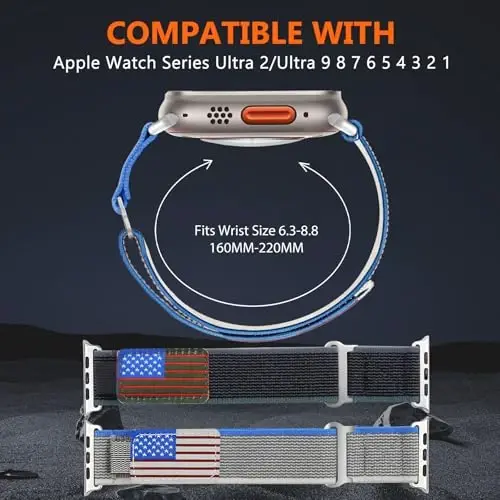 WestEagle 2 PackTrail Loop Nylon Band Compatible Apple Watch Ultra/2 Band 49mm 46mm 45mm 44mm 42mm, Rugged Soft Braided Elastic Sport Strap for iWatch Series 10 9 8 7 6 5 4 3 2 1 Ultra/2 Men USA Flag - 10