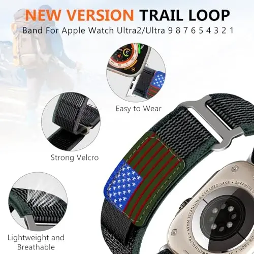 WestEagle 2 PackTrail Loop Nylon Band Compatible Apple Watch Ultra/2 Band 49mm 46mm 45mm 44mm 42mm, Rugged Soft Braided Elastic Sport Strap for iWatch Series 10 9 8 7 6 5 4 3 2 1 Ultra/2 Men USA Flag - 5