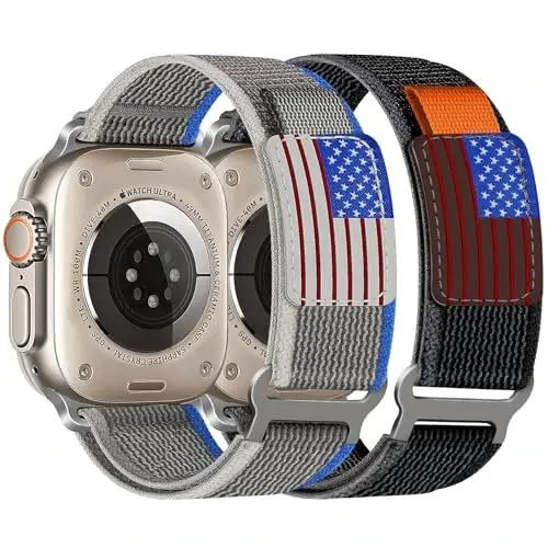 WestEagle 2 PackTrail Loop Nylon Band Compatible Apple Watch Ultra/2 Band 49mm 46mm 45mm 44mm 42mm, Rugged Soft Braided Elastic Sport Strap for iWatch Series 10 9 8 7 6 5 4 3 2 1 Ultra/2 Men USA Flag - MODAZONE
