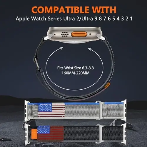 WestEagle 2 PackTrail Loop Nylon Band Compatible Apple Watch Ultra/2 Band 49mm 46mm 45mm 44mm 42mm, Rugged Soft Braided Elastic Sport Strap for iWatch Series 10 9 8 7 6 5 4 3 2 1 Ultra/2 Men USA Flag - 3