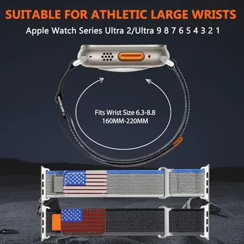 WestEagle 2 PackTrail Loop Nylon Band Compatible Apple Watch Ultra/2 Band 49mm 46mm 45mm 44mm 42mm, Rugged Soft Braided Elastic Sport Strap for iWatch Series 10 9 8 7 6 5 4 3 2 1 Ultra/2 Men USA Flag - 3