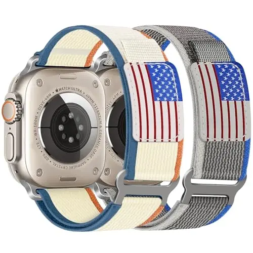 WestEagle 2 PackTrail Loop Nylon Band Compatible Apple Watch Ultra/2 Band 49mm 46mm 45mm 44mm 42mm, Rugged Soft Braided Elastic Sport Strap for iWatch Series 10 9 8 7 6 5 4 3 2 1 Ultra/2 Men USA Flag - 1