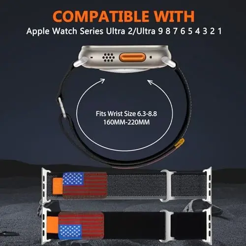 WestEagle 2 PackTrail Loop Nylon Band Compatible Apple Watch Ultra/2 Band 49mm 46mm 45mm 44mm 42mm, Rugged Soft Braided Elastic Sport Strap for iWatch Series 10 9 8 7 6 5 4 3 2 1 Ultra/2 Men USA Flag - 3