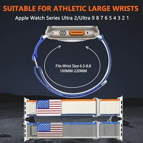 WestEagle 2 PackTrail Loop Nylon Band Compatible Apple Watch Ultra/2 Band 49mm 46mm 45mm 44mm 42mm, Rugged Soft Braided Elastic Sport Strap for iWatch Series 10 9 8 7 6 5 4 3 2 1 Ultra/2 Men USA Flag - 3