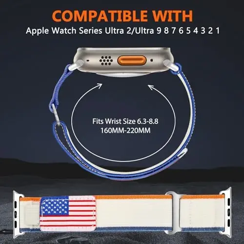 WestEagle 2 PackTrail Loop Nylon Band Compatible Apple Watch Ultra/2 Band 49mm 46mm 45mm 44mm 42mm, Rugged Soft Braided Elastic Sport Strap for iWatch Series 10 9 8 7 6 5 4 3 2 1 Ultra/2 Men USA Flag - 3