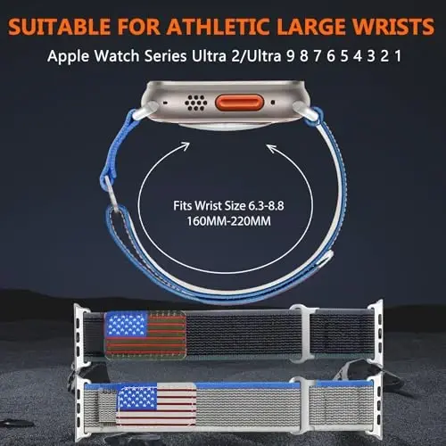 WestEagle 2 PackTrail Loop Nylon Band Compatible Apple Watch Ultra/2 Band 49mm 46mm 45mm 44mm 42mm, Rugged Soft Braided Elastic Sport Strap for iWatch Series 10 9 8 7 6 5 4 3 2 1 Ultra/2 Men USA Flag - 3