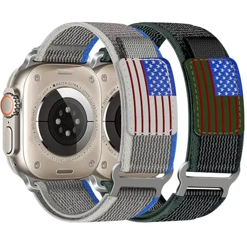 WestEagle 2 PackTrail Loop Nylon Band Compatible Apple Watch Ultra/2 Band 49mm 46mm 45mm 44mm 42mm, Rugged Soft Braided Elastic Sport Strap for iWatch Series 10 9 8 7 6 5 4 3 2 1 Ultra/2 Men USA Flag - WESTEAGLE