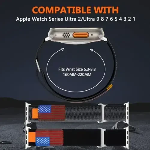 WestEagle 2 PackTrail Loop Nylon Band Compatible Apple Watch Ultra/2 Band 49mm 46mm 45mm 44mm 42mm, Rugged Soft Braided Elastic Sport Strap for iWatch Series 10 9 8 7 6 5 4 3 2 1 Ultra/2 Men USA Flag - 3