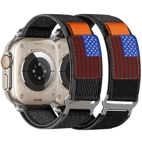 WestEagle 2 PackTrail Loop Nylon Band Compatible Apple Watch Ultra/2 Band 49mm 46mm 45mm 44mm 42mm, Rugged Soft Braided Elastic Sport Strap for iWatch Series 10 9 8 7 6 5 4 3 2 1 Ultra/2 Men USA Flag 