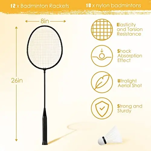 Wettarn 12 Pcs Badminton Rackets Bulk with 18 Nylon Badmintons, Shuttle Set for Beginners Advanced Player Backyard Gym Beach Outdoor - WETTARN (1)