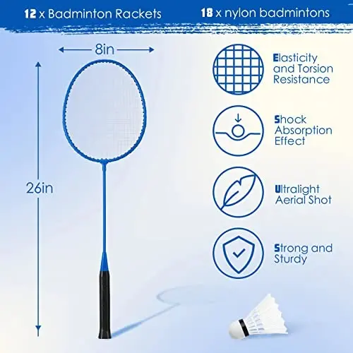 Wettarn 12 Adet Badminton Raketi Seti, 18 Naylon Toplu, Yeni Başlayanlar ve İleri Seviye Oyuncular İçin, Bahçe, Spor Salonu, Plaj ve Dış Mekan Kullanımına Uygun - 2