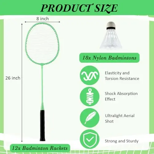 Wettarn 12 Pcs Badminton Rackets Bulk with 18 Nylon Badmintons, Shuttle Set for Beginners Advanced Player Backyard Gym Beach Outdoor - WETTARN (1)