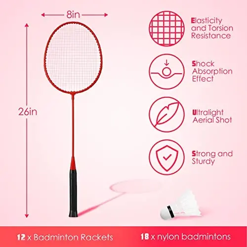 Wettarn 12 Pcs Badminton Rackets Bulk with 18 Nylon Badmintons, Shuttle Set for Beginners Advanced Player Backyard Gym Beach Outdoor - 2