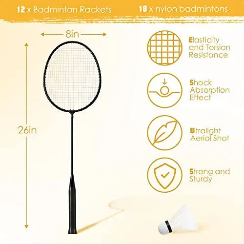 Wettarn 12 Pcs Badminton Rackets with 18 Nylon Badminton, Badminton Racquet Bulk, Shuttle Badminton Set for Adults Teenagers Youth Beginners Advanced Player Backyard Gym Beach Outdoor - 2