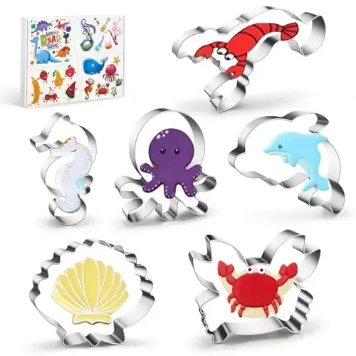 WGPG Under The Sea Creatures Cookie Cutters - 6PCS Large Stainless Steel Marine Species Shapes Baking Mold, Metal Cookie Sandwich Biscuit Cutter Molds For Baking, 3 x 4 Inch 