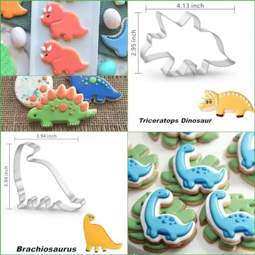 WGPG Dinosaur Cookie Cutters - 6PCS Large Stainless Steel Dinosaur Shapes Fondant Mold, Metal Cookie Sandwich Biscuit Cutter Molds For Baking, 3 x 4 Inch - 4