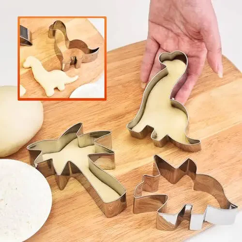 WGPG Dinosaur Cookie Cutters - 6PCS Large Stainless Steel Dinosaur Shapes Fondant Mold, Metal Cookie Sandwich Biscuit Cutter Molds For Baking, 3 x 4 Inch - 6