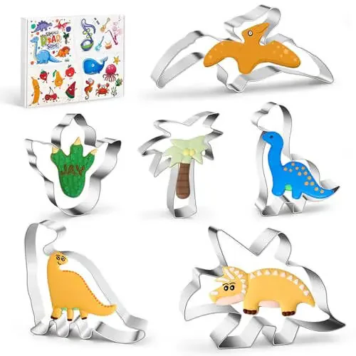 WGPG Dinozavr Pechenye Kalıpları - 6 dona Katta Katta Zanglamaydigan Po'lat Dinozavr Shakl Fondan Kalıbi, Metall Pechenye Sandviç Biskuvit Kesuvchi Kalıplar Pishirish uchun, 3 x 4 dyuym - 1