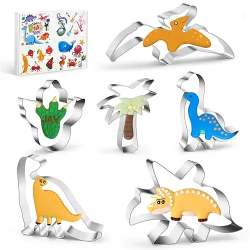 WGPG Dinosaur Cookie Cutters - 6PCS Large Stainless Steel Dinosaur Shapes Fondant Mold, Metal Cookie Sandwich Biscuit Cutter Molds For Baking, 3 x 4 Inch - 1