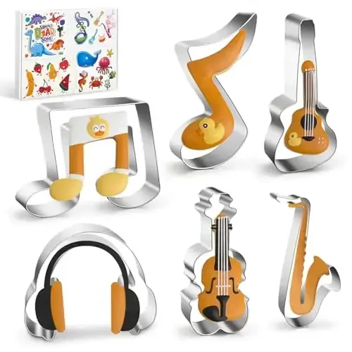 WGPG Music Note Cookie Cutters - 6PCS Large Stainless Steel Music Instrument Shapes Baking Mold, Metal Cookie Sandwich Biscuit Cutter Molds For Baking, 3 x 4 Inch 