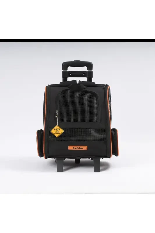 Wheeled Plastic Mesh Cat and Dog Carrier Bag with Trolley Mechanism, Washable - Black - BRAVE PAWS