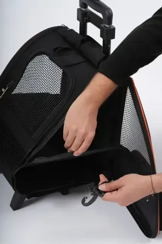 Wheeled Plastic Mesh Cat and Dog Carrier Bag with Trolley Mechanism, Washable - Black - 7