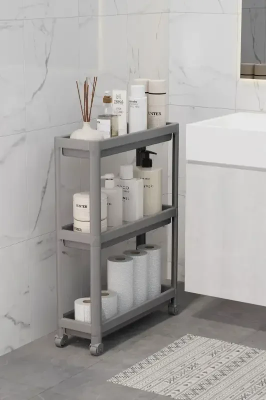Wheeled Rectangular 3-Tier Shelf Unit - Bathroom Kitchen Organizer Rack (GREY) - OMAŞ HOUSEHOLD PRODUCT