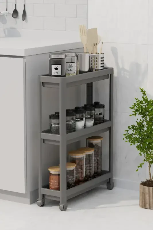 Wheeled Rectangular 3-Tier Shelf Unit - Bathroom Kitchen Organizer Rack (GREY) - 3
