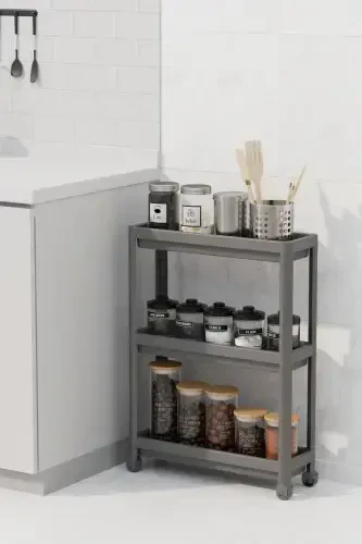 Wheeled Rectangular 3-Tier Shelf Unit - Bathroom Kitchen Organizer Rack (GREY) - 4
