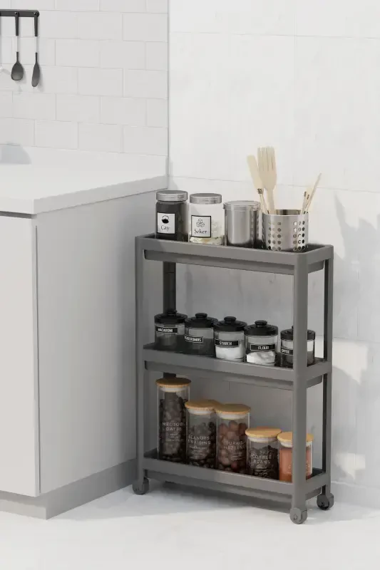 Wheeled Rectangular 3-Tier Shelf Unit - Bathroom Kitchen Organizer Rack (GREY) - 4