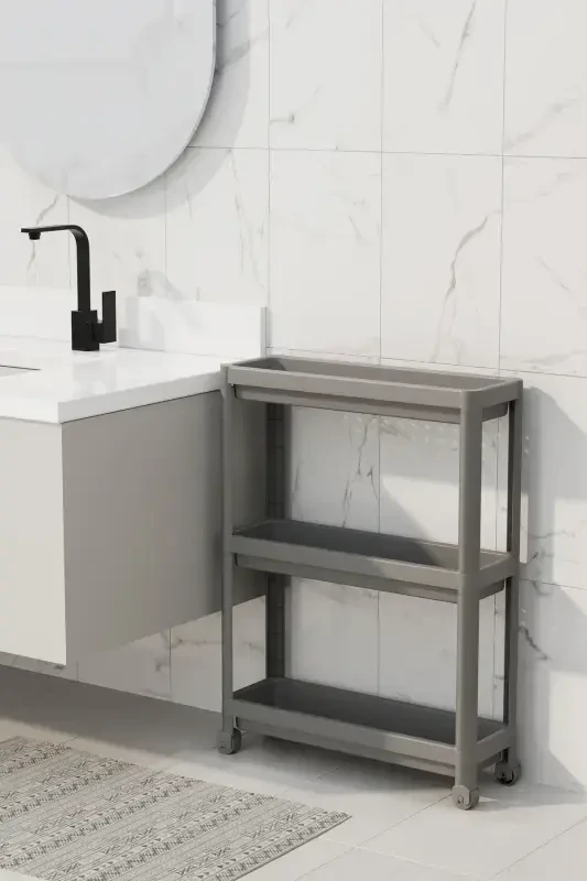 Wheeled Rectangular 3-Tier Shelf Unit - Bathroom Kitchen Organizer Rack (GREY) - 5