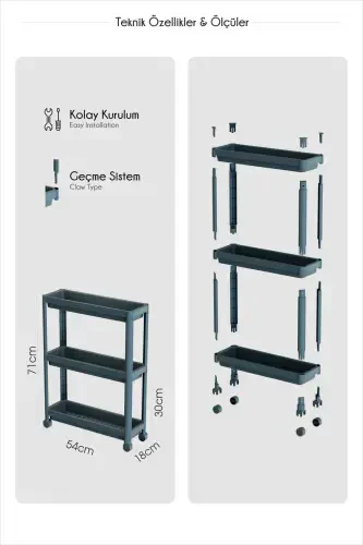 Wheeled Rectangular 3-Tier Shelf Unit - Bathroom Kitchen Organizer Rack (GREY) - 7