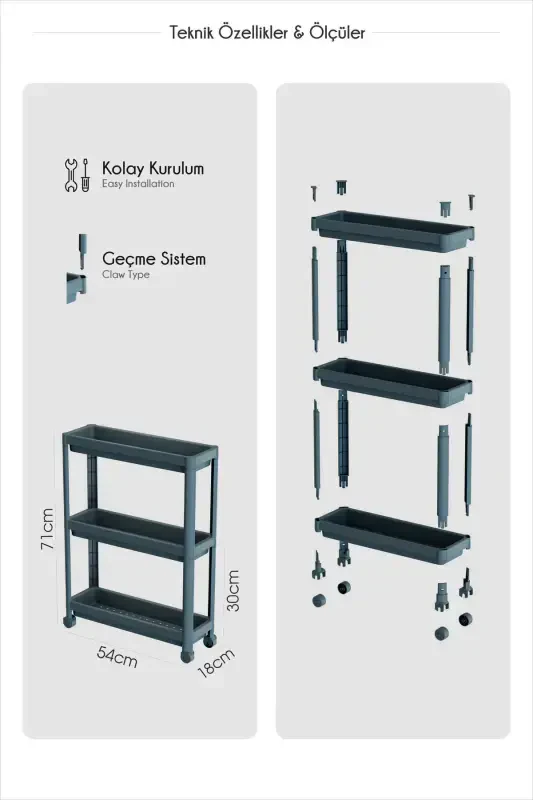 Wheeled Rectangular 3-Tier Shelf Unit - Bathroom Kitchen Organizer Rack (GREY) - 7