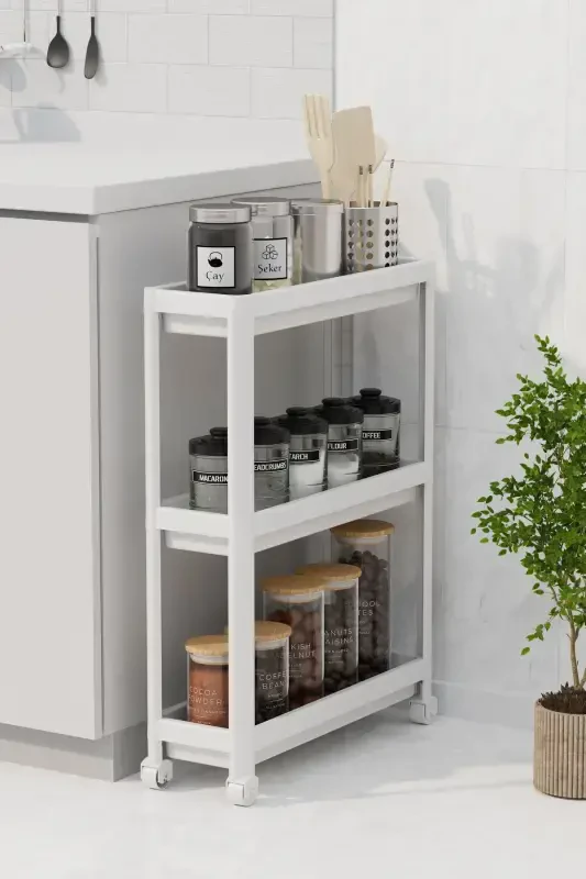 Wheeled Rectangular 3-Tier Shelf Unit - Bathroom Kitchen Organizer Rack - Modern Shelving Unit-White - 3