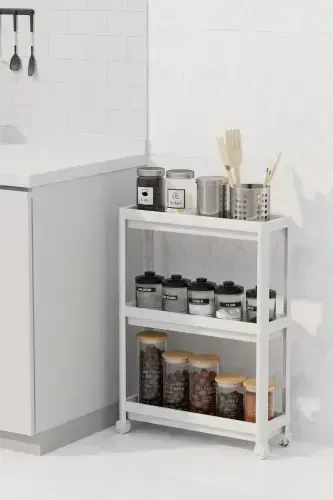 Wheeled Rectangular 3-Tier Shelf Unit - Bathroom Kitchen Organizer Rack - Modern Shelving Unit-White - 4