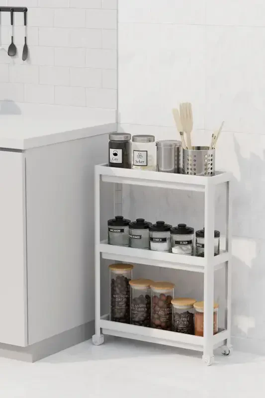 Wheeled Rectangular 3-Tier Shelf Unit - Bathroom Kitchen Organizer Rack - Modern Shelving Unit-White - 4