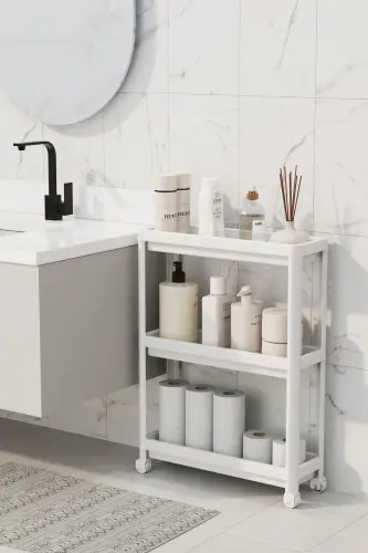 Wheeled Rectangular 3-Tier Shelf Unit - Bathroom Kitchen Organizer Rack - Modern Shelving Unit-White - OMAŞ HOUSEHOLD PRODUCT (1)