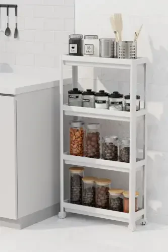 Wheeled Rectangular 4-Tier Shelf Unit White Bathroom Kitchen Organizer Rack - 3