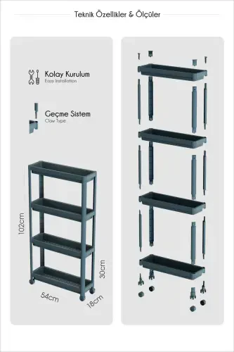 Wheeled Rectangular 4-Tier Shelf Unit White Bathroom Kitchen Organizer Rack - 6