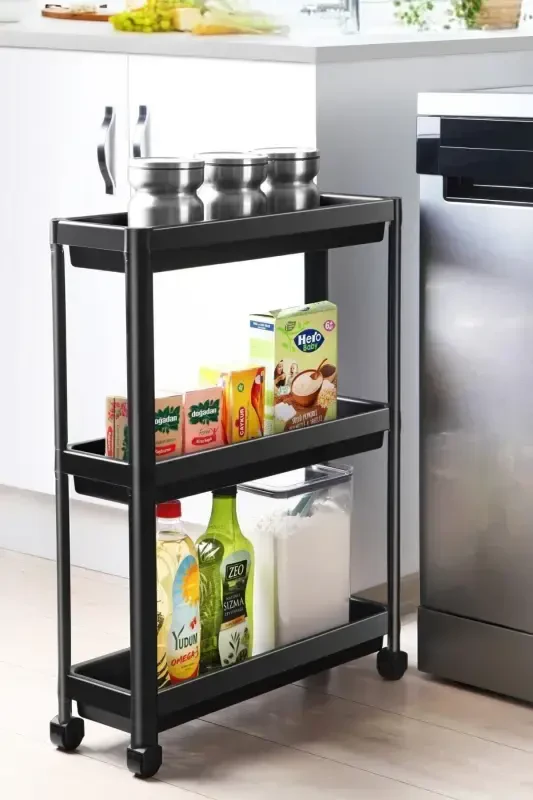 Wheeled Shelf Unit 3 Tier Black Bathroom Shelf Kitchen Shelf Serving Trolley Organizer - 2