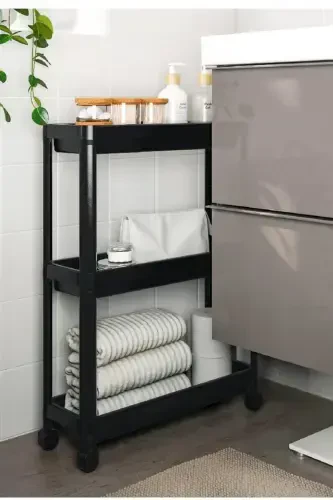 Wheeled Shelf Unit 3 Tier Black Bathroom Shelf Kitchen Shelf Serving Trolley Organizer - 3